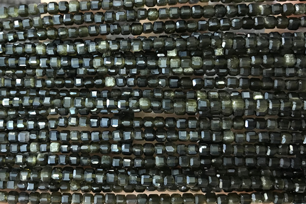 CUBE13 15 inches 2.5mm faceted cube golden obsidian gemstone beads