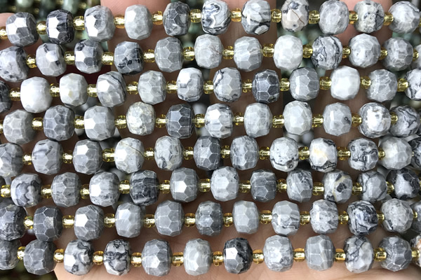 ROND138 15 inches 6*8mm faceted rondelle grey picture jasper beads
