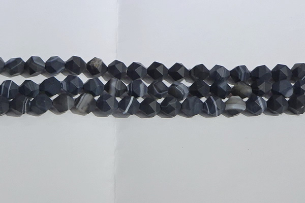 CAA1244 15.5 inches 10mm faceted nuggets matte black line agate beads