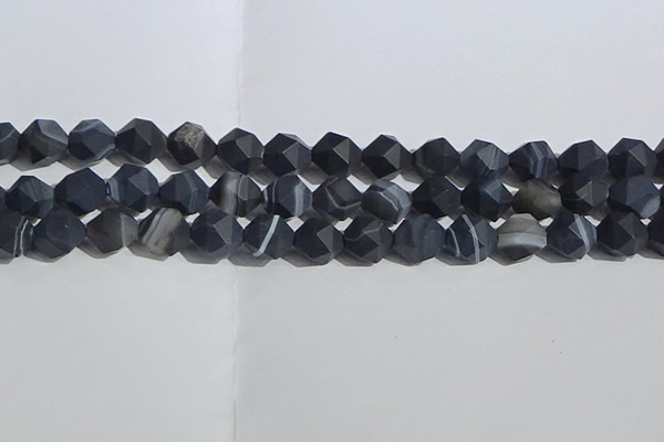 CAA1245 15.5 inches 12mm faceted nuggets matte black line agate beads