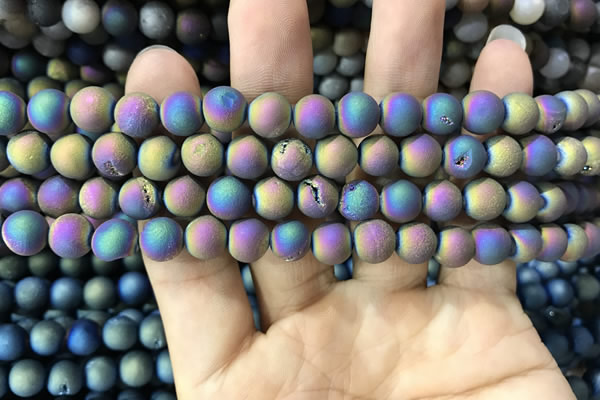 CAA1298 15.5 inches 8mm round matte plated druzy agate beads