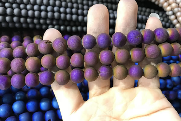 CAA1314 15.5 inches 10mm round matte plated druzy agate beads