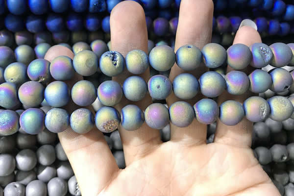 CAA1318 15.5 inches 10mm round matte plated druzy agate beads