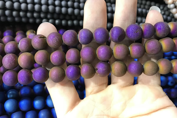 CAA1334 15.5 inches 12mm round matte plated druzy agate beads