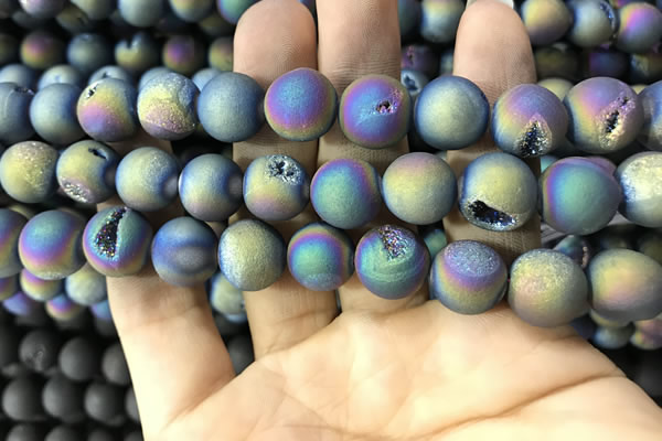 CAA1359 15.5 inches 14mm round matte plated druzy agate beads