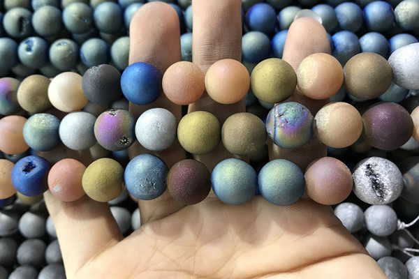 CAA1362 15.5 inches 14mm round matte plated druzy agate beads