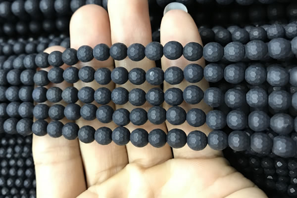 CAA2438 15.5 inches 6mm faceted round matte black agate beads