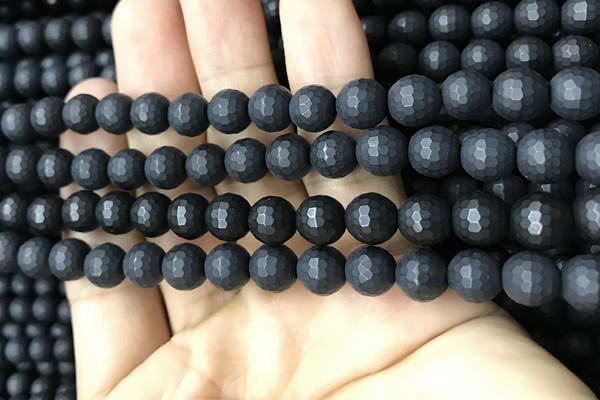CAA2439 15.5 inches 8mm faceted round matte black agate beads