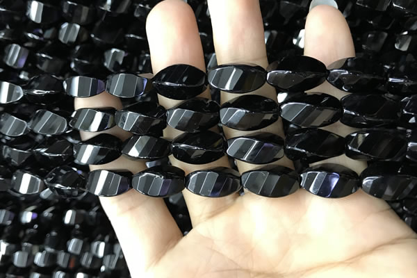 CAA2491 15.5 inches 8*16mm faceted & twisted rice black agate beads