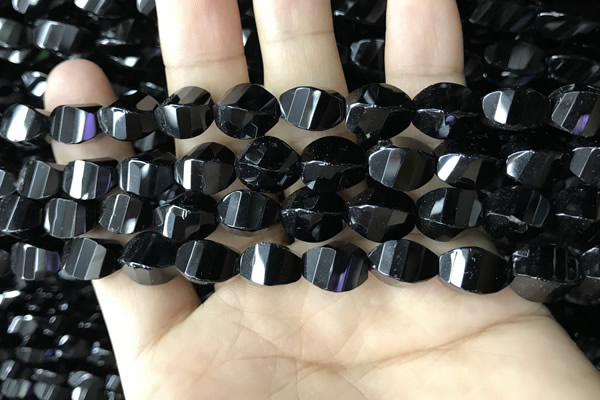 CAA2493 15.5 inches 8*12mm faceted & twisted rice black agate beads