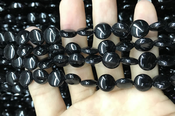 CAA2526 15.5 inches 10mm flat round black agate beads wholesale