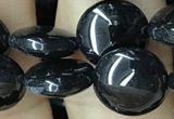 CAA2527 15.5 inches 12mm flat round black agate beads wholesale
