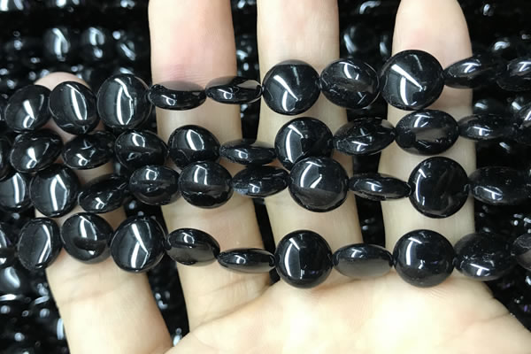 CAA2527 15.5 inches 12mm flat round black agate beads wholesale
