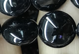 CAA2528 15.5 inches 14mm flat round black agate beads wholesale