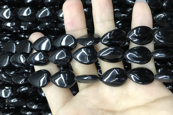 CAA2548 15.5 inches 12*16mm flat teardrop black agate beads wholesale