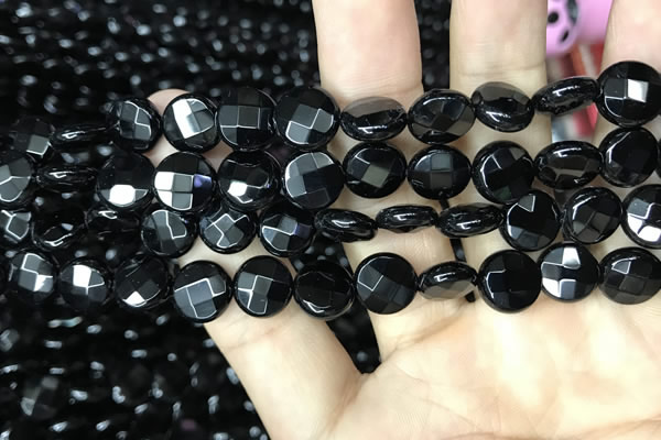 CAA2582 15.5 inches 14mm faceted coin black agate beads wholesale