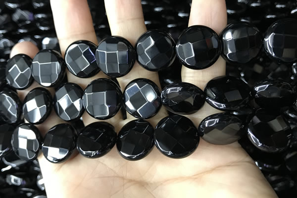 CAA2586 15.5 inches 25mm faceted coin black agate beads wholesale