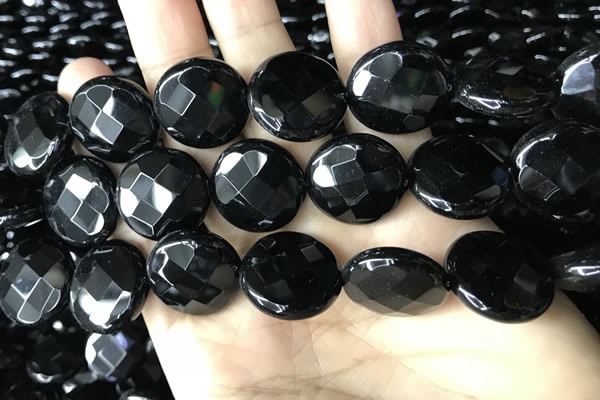 CAA2587 15.5 inches 30mm faceted coin black agate beads wholesale