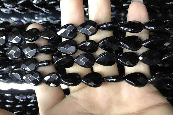 CAA2601 15.5 inches 10*14mm faceted flat teardrop black agate beads