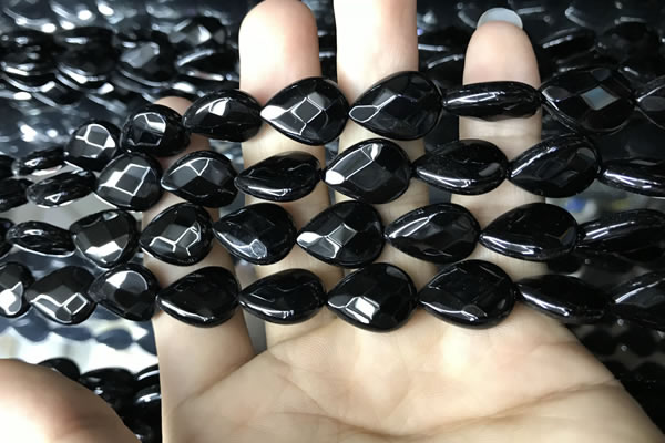 CAA2602 15.5 inches 12*16mm faceted flat teardrop black agate beads