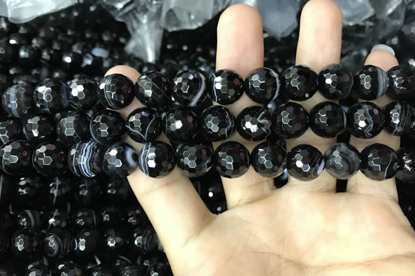 CAA2648 15.5 inches 12mm faceted round banded black agate beads