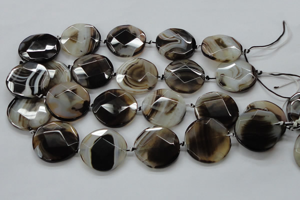 CAA290 15.5 inches 35mm faceted coin black line agate beads