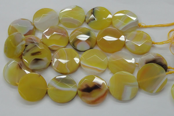 CAA328 15.5 inches 35mm faceted coin yellow line agate beads
