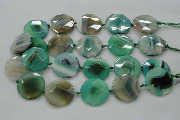CAA339 15.5 inches 35mm faceted coin green line agate beads
