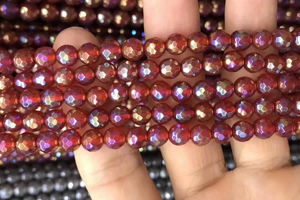 CAA3549 15.5 inches 6mm faceted round AB-color red agate beads