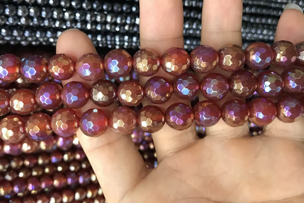 CAA3551 15.5 inches 10mm faceted round AB-color red agate beads