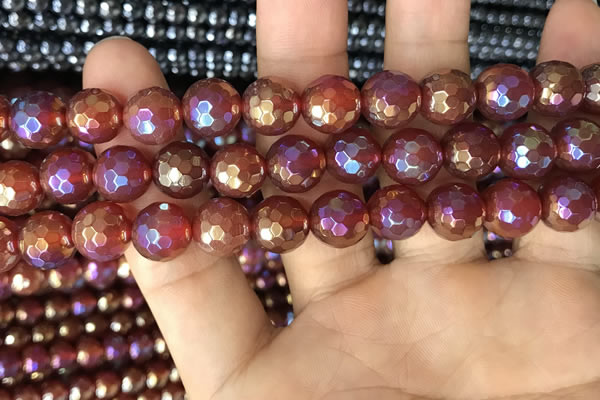 CAA3552 15.5 inches 12mm faceted round AB-color red agate beads