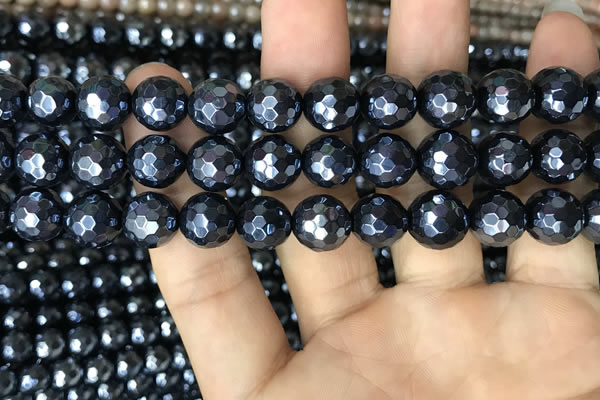 CAA3557 15.5 inches 10mm faceted round AB-color black agate beads