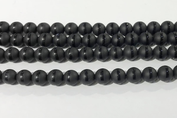 CAA3651 15.5 inches 8mm round matte & carved black agate beads