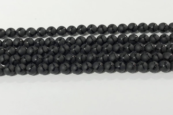 CAA3655 15.5 inches 6mm round matte & carved black agate beads