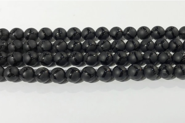 CAA3656 15.5 inches 8mm round matte & carved black agate beads