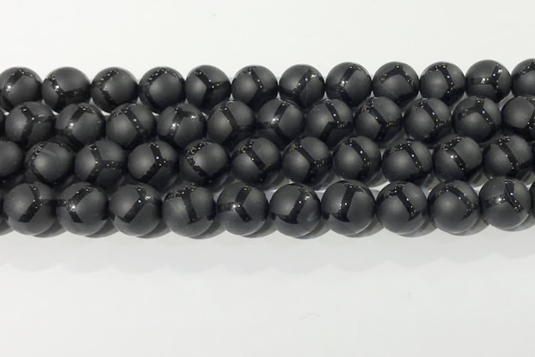 CAA3657 15.5 inches 10mm round matte & carved black agate beads