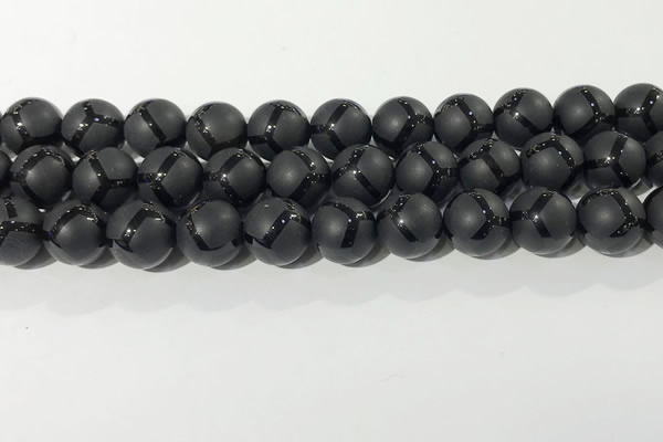 CAA3658 15.5 inches 12mm round matte & carved black agate beads