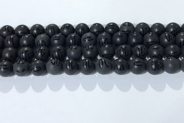 CAA3662 15.5 inches 10mm round matte & carved black agate beads