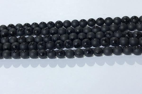 CAA3665 15.5 inches 6mm round matte & carved black agate beads