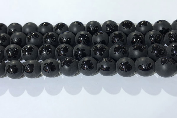 CAA3668 15.5 inches 12mm round matte & carved black agate beads