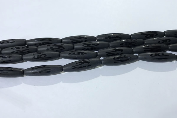CAA3681 15.5 inches 8*30mm rice matte & carved black agate beads