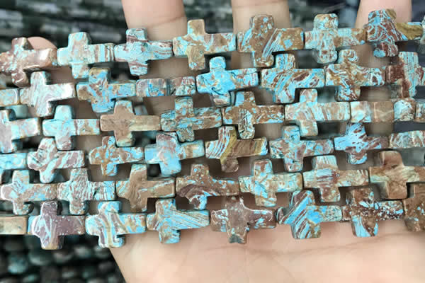 CAA4018 15.5 inches 12*16mm cross blue crazy lace agate beads