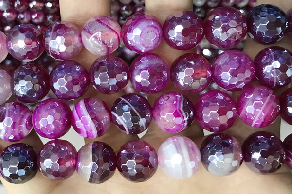 CAA5589 15 inches 12mm faceted round AB-color banded agate beads