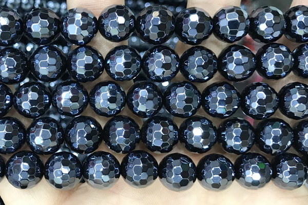CAA5671 15 inches 8mm faceted round AB-color black agate beads