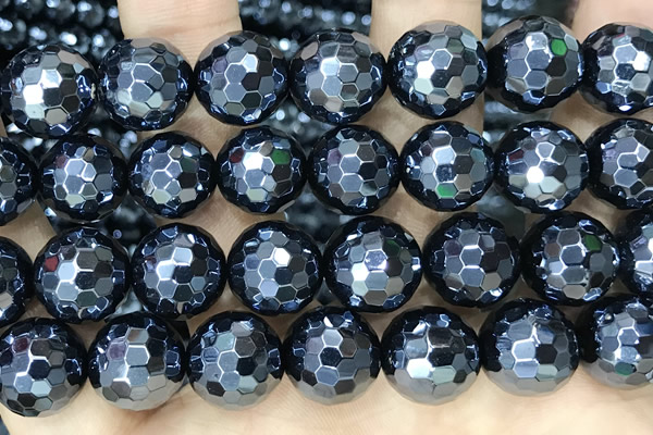 CAA5673 15 inches 12mm faceted round AB-color black agate beads