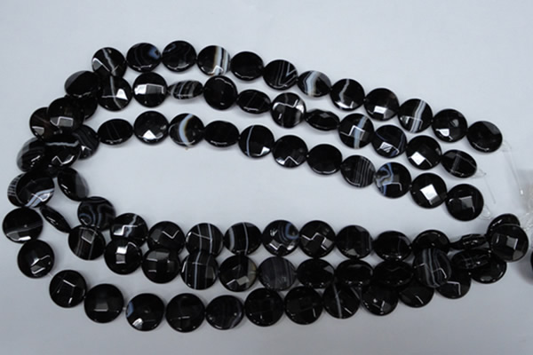 CAG3073 15.5 inches 14mm faceted coin black line agate beads
