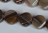 CAG3152 15.5 inches 16mm twisted coin brown line agate beads
