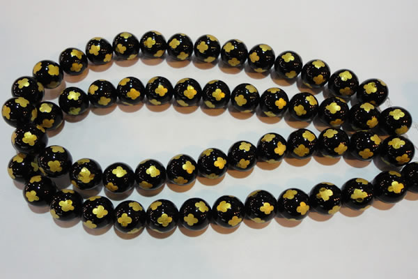 CAG3365 15.5 inches 14mm carved round black agate beads wholesale