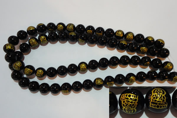 CAG3387 15.5 inches 14mm carved round black agate beads wholesale