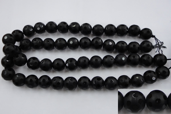 CAG3674 15.5 inches 14mm carved round matte black agate beads